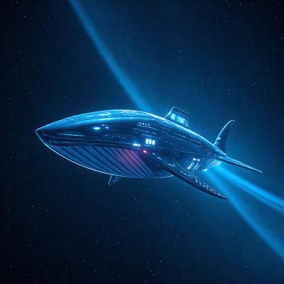 The primary subject of the image is a futuristic submarine, which is a large, blue, and white spacecraft. The setting is a dark, starry sky, with the submarine being the main focus of the image. The visual style is a combination of photo and digital art, creating a unique and captivating scene. The colors and mood of the image are predominantly dark and mysterious, with the blue and white submarine standing out against the backdrop of the starry sky.